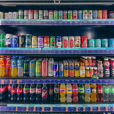 Beer cans in a fridge