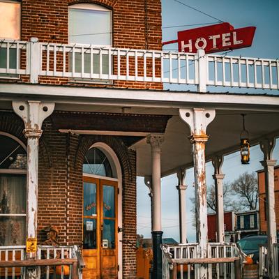 Hotel porch and sign